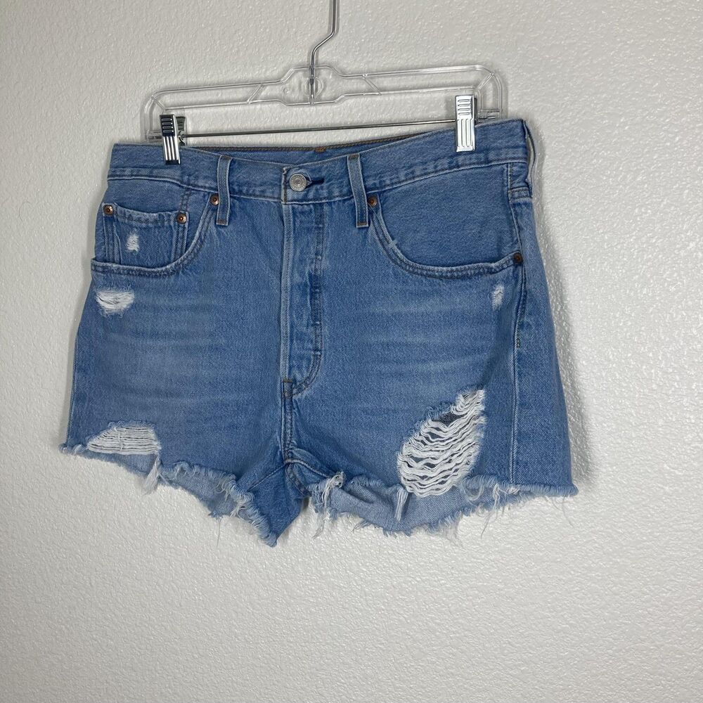 Levis 501 Shorts Womens 31 Blue Distressed Denim High Rise Cut Off Button Fly - Picture 2 of 15